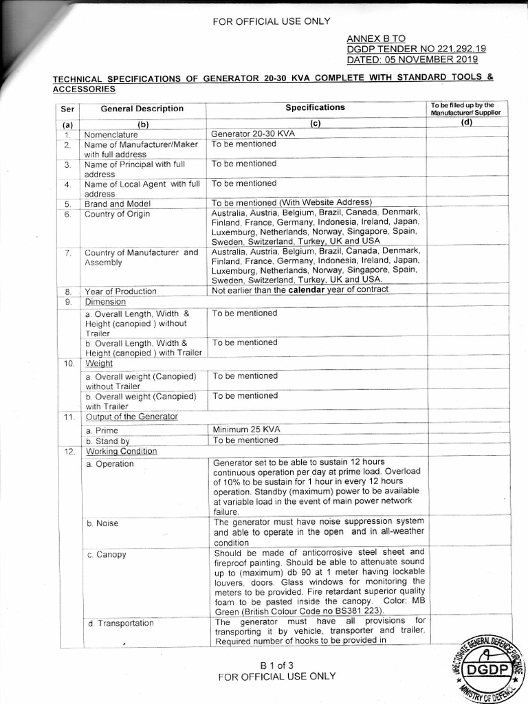 Tender Tech Spec Gen 2030 KVA PDF Engines Specification