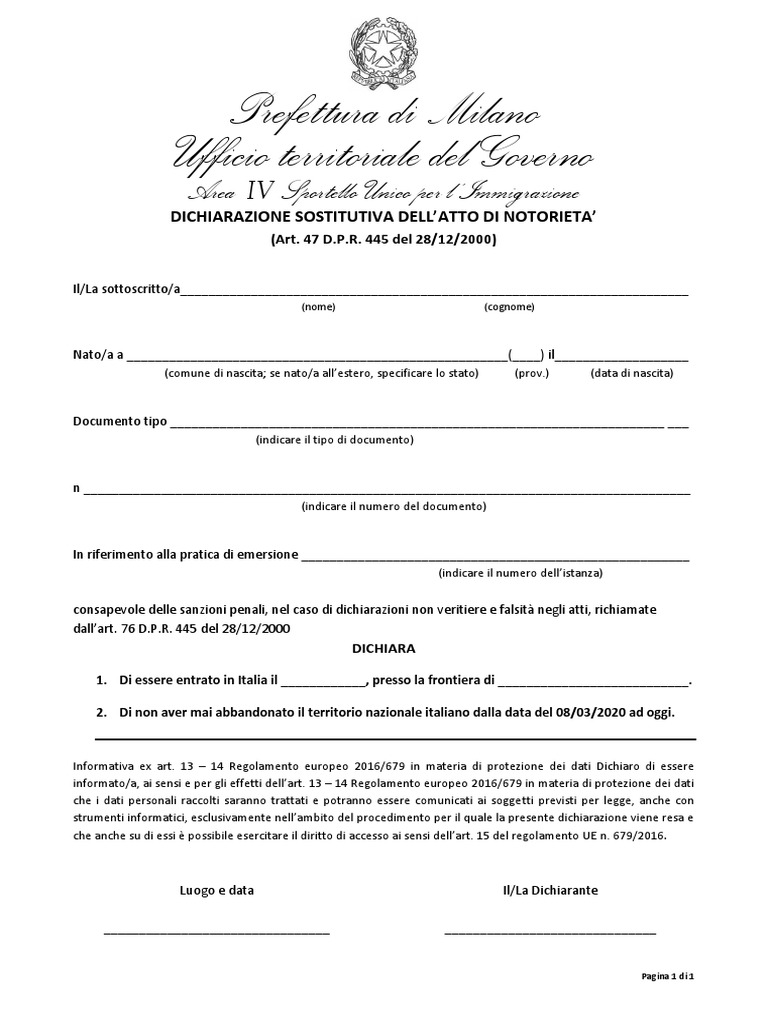 Autocertificazione Per Ingresso in Italia | PDF
