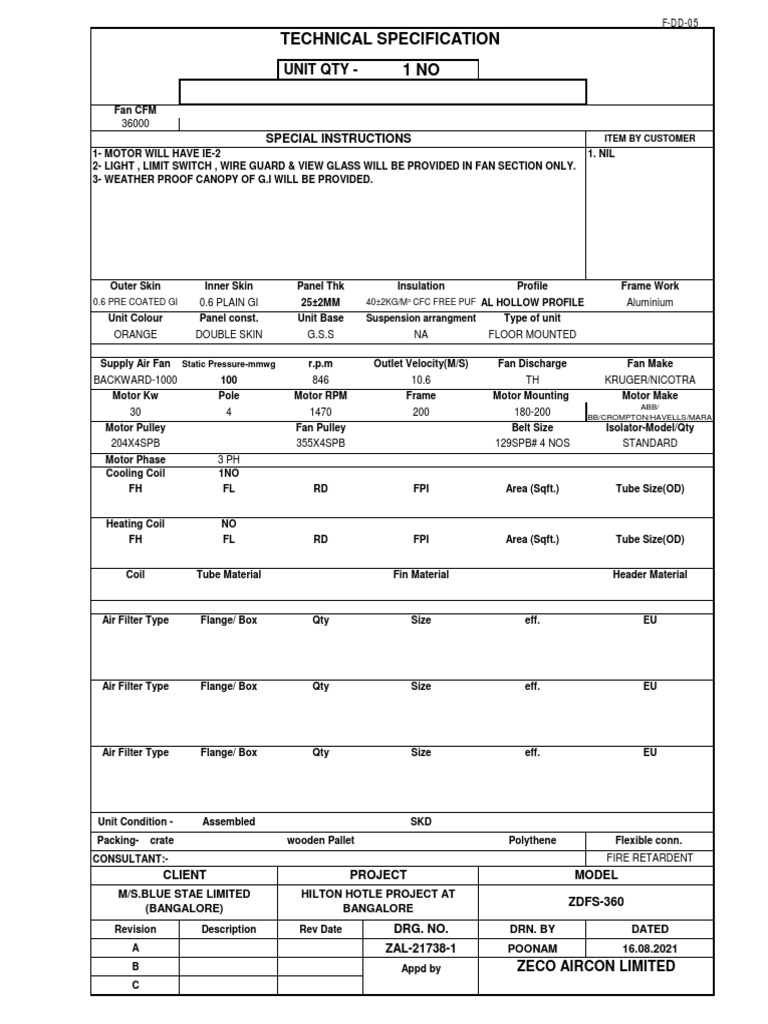 AHU Data Sheet for Hilton Project | PDF | Manufactured Goods ...