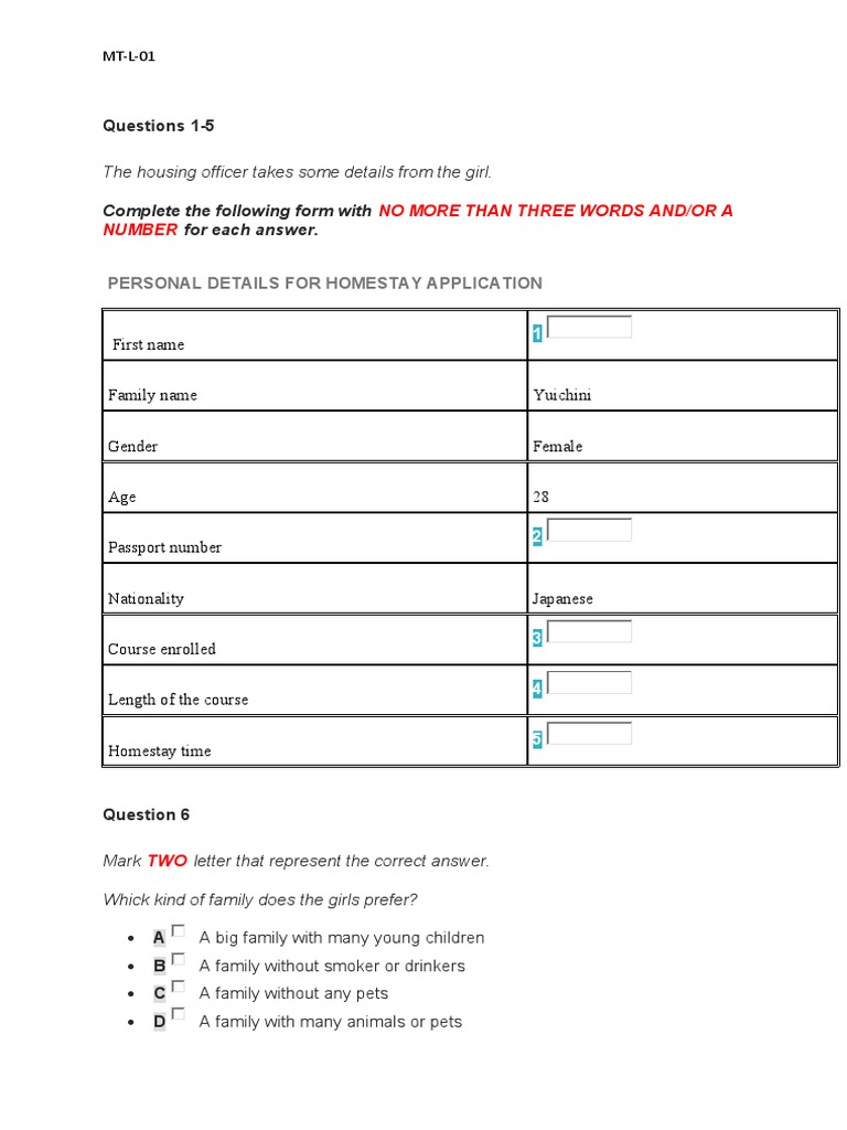 Personal homestay application form completing details for yuichini a
