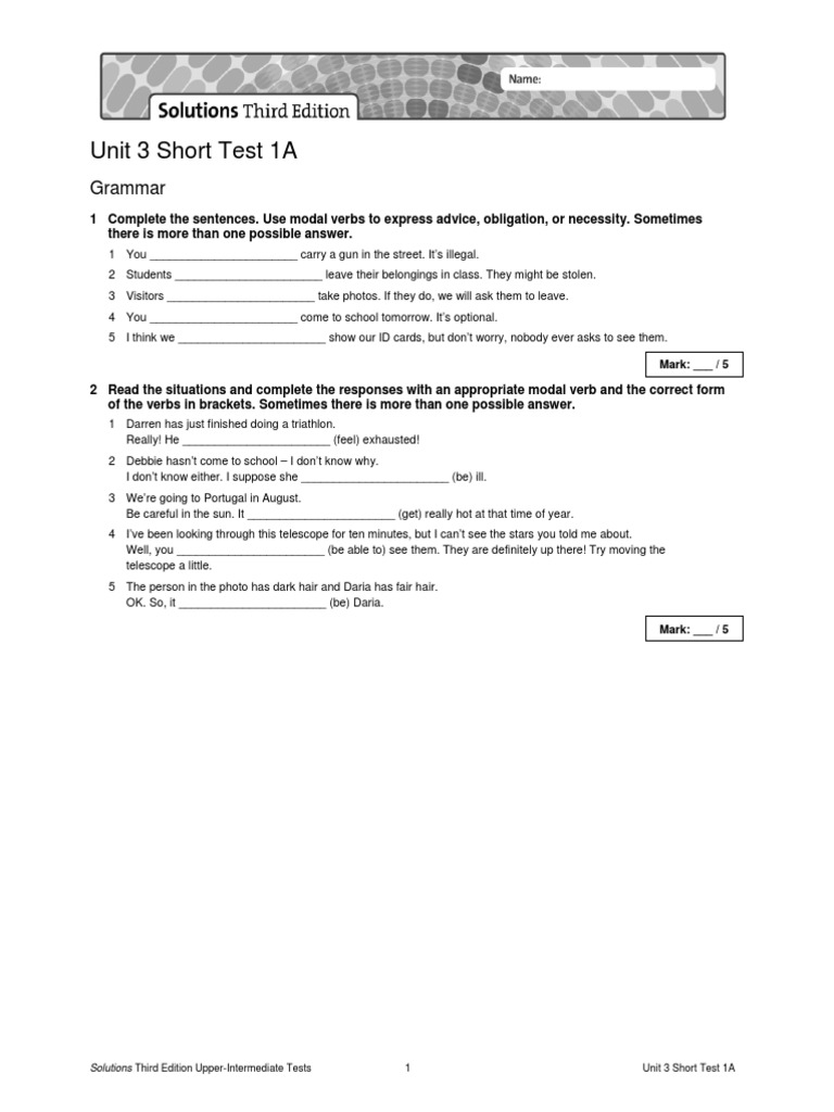Unit 3 Short Test 1A: Grammar | PDF | Verb | Grammar