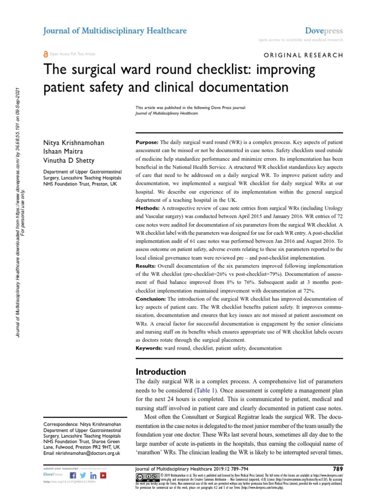 JMDH 178896 The Surgical Ward Round Checklist Improving Patient Safety ...