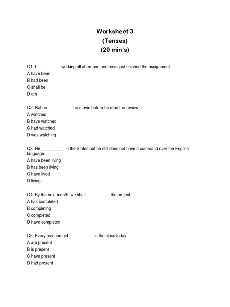 Tenses Worksheet PDF Grammatical Tense Language Mechanics