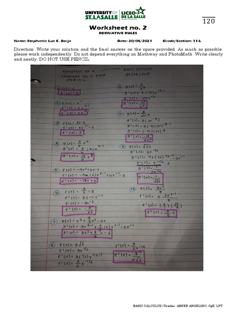 Derivative Rules Practice Worksheet | PDF