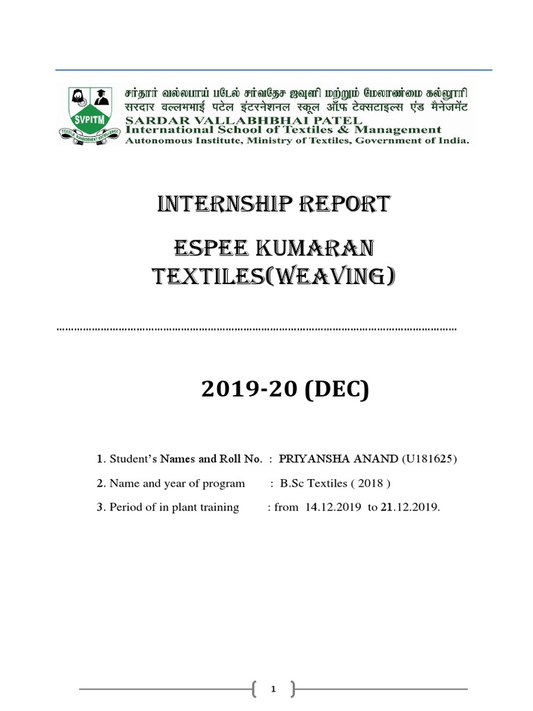 Internship Report Espee Kumaran Textiles Weaving Pdf Loom Weaving