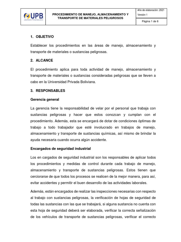 Procedimiento de Manejo, Almacenamiento y Transporte de Materiales ...