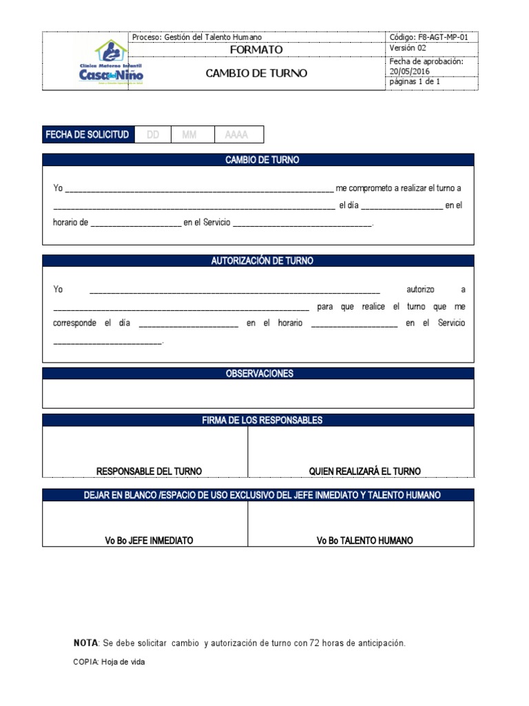 Formato de Cambio de Turnos PDF