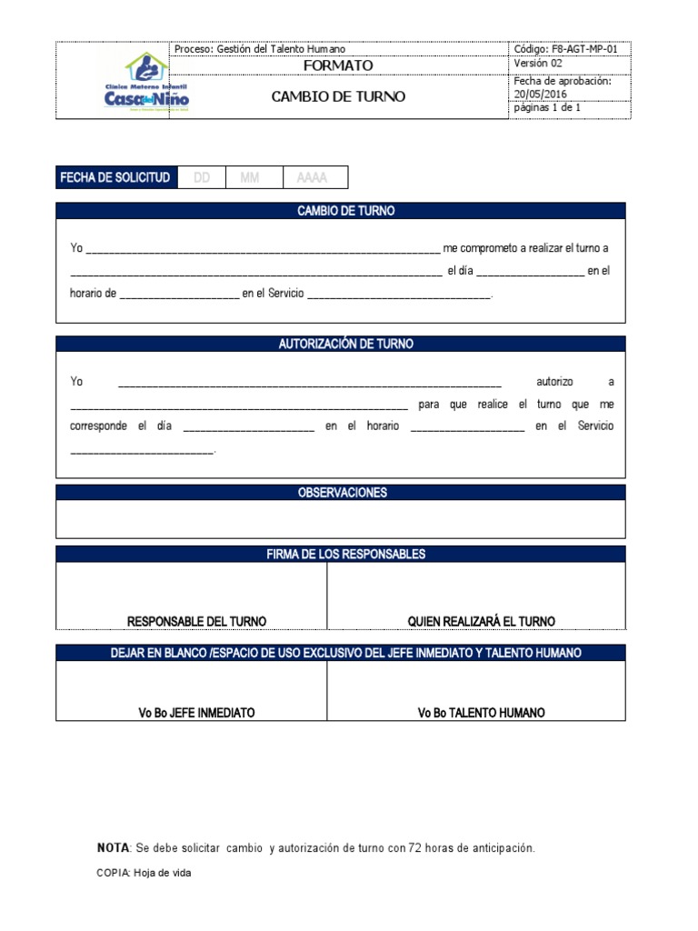 Formato De Cambio De Turnos Pdf