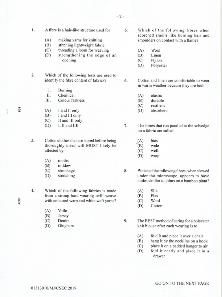 CSEC Clothing and Textiles Paper 1 PDF