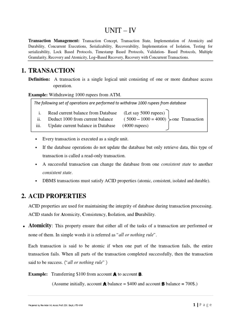 DBMS Unit IV: Transaction Management | PDF | Database Transaction | Acid