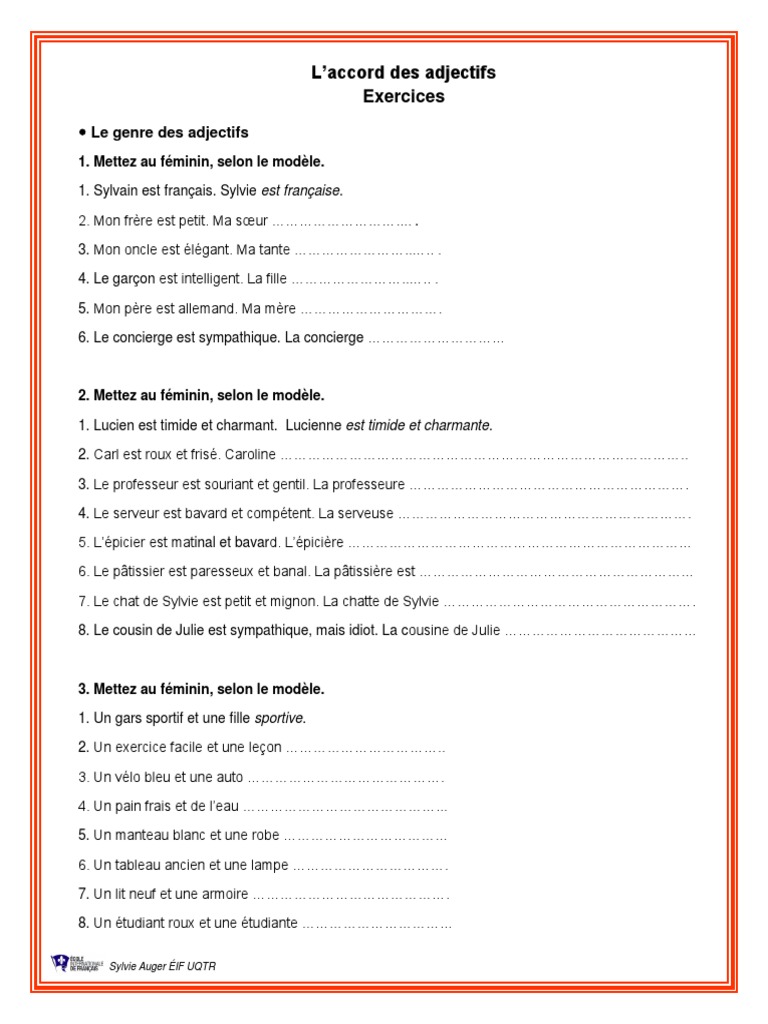 Accord De L adjectif Exercices à Imprimer Accord Des Adjectifs | PDF | Genre grammatical | Nourritures