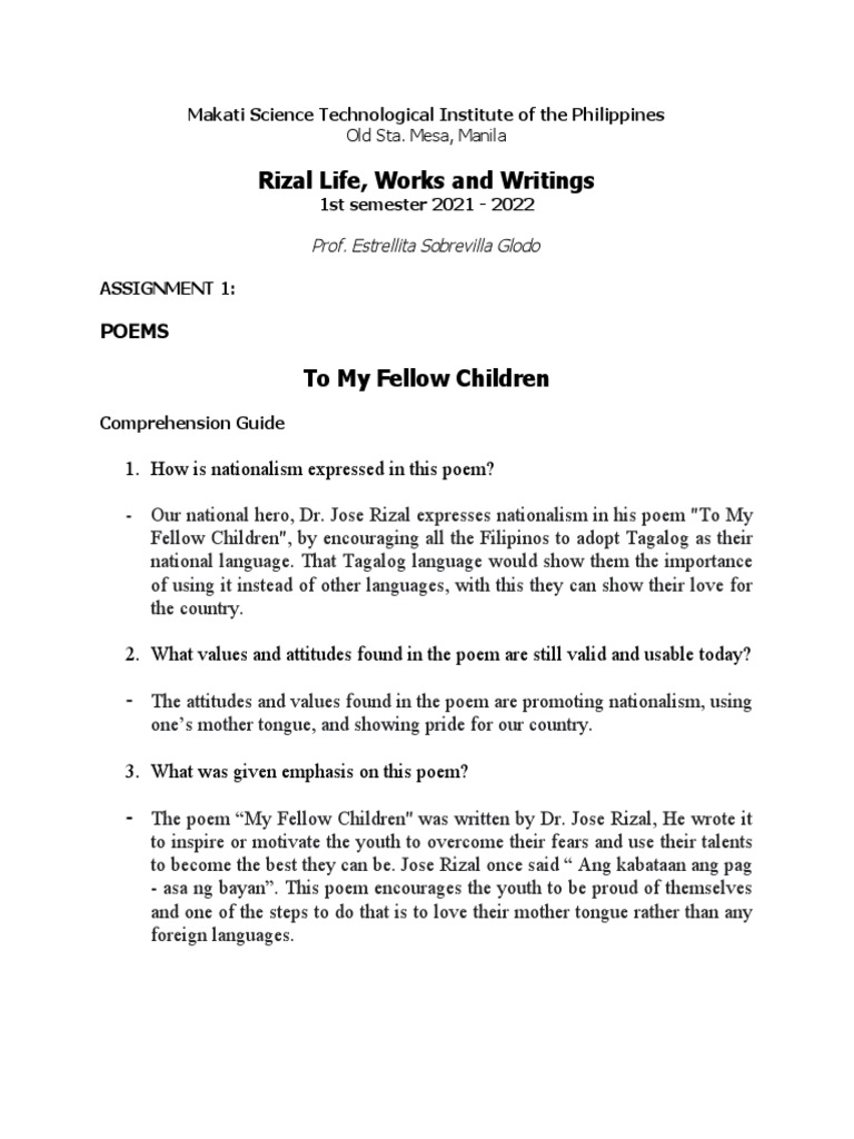 Tagalog Assignments on Rizal's Works | PDF | Tagalog Language
