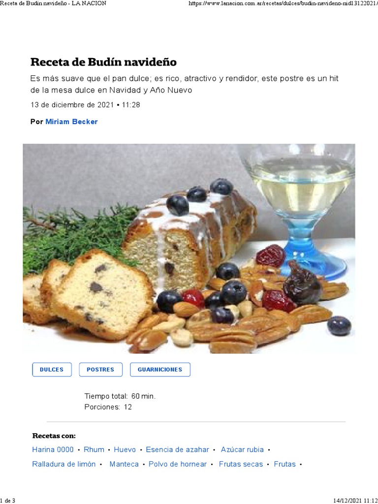 Receta de Budín Navideño - La Nación | PDF | Postres | Preparación de ...