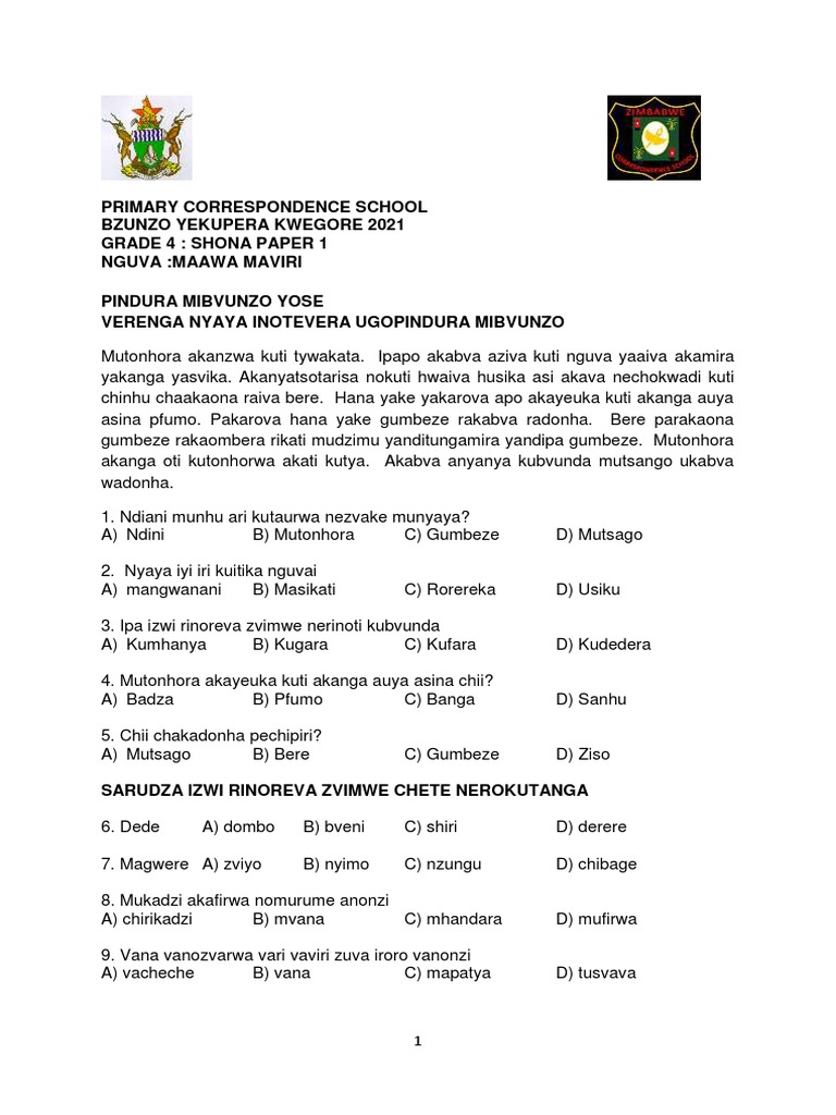 Grade 4 Shona Paper 1 PDF