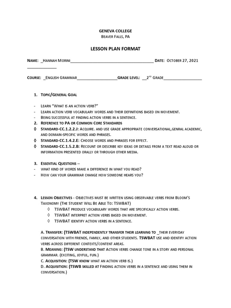 Action Verb Lesson Plan | PDF | Verb | Lesson Plan
