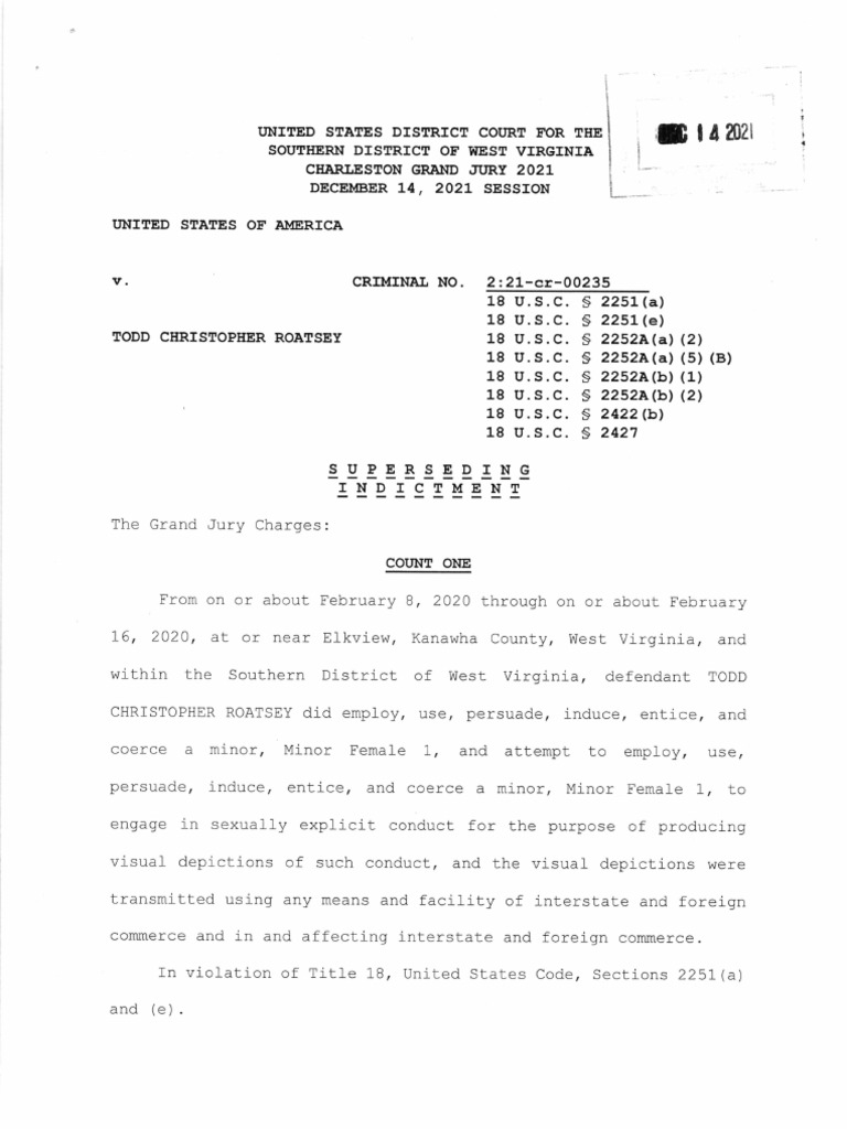 Todd Roatsey Superseding Indictment | PDF | Indictment | Child Pornography