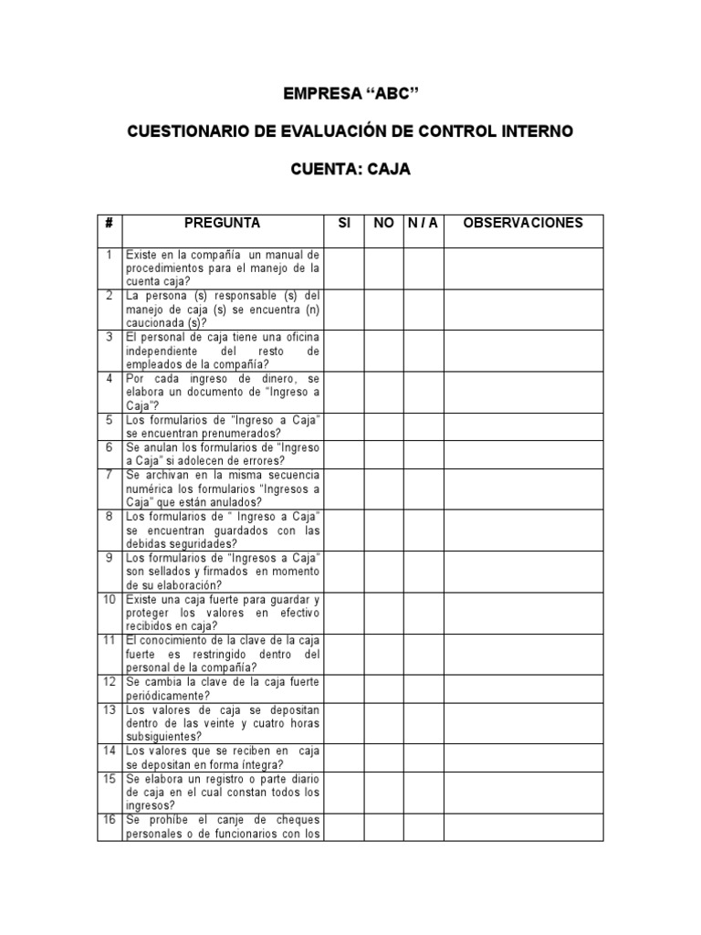 Cuestionario Control Interno de Caja | PDF | Cheque | Bancos