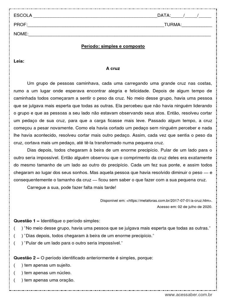 Atividade de Portugues Periodo Simples e Composto 9º Ano PDF | PDF