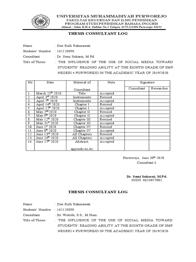 Universitas Muhammadiyah Purworejo: Thesis Consultant Log | PDF