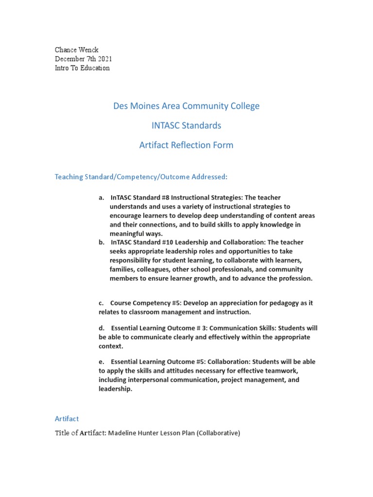 Intasc Reflection Final 12-8-21 | PDF | Lesson Plan | Learning
