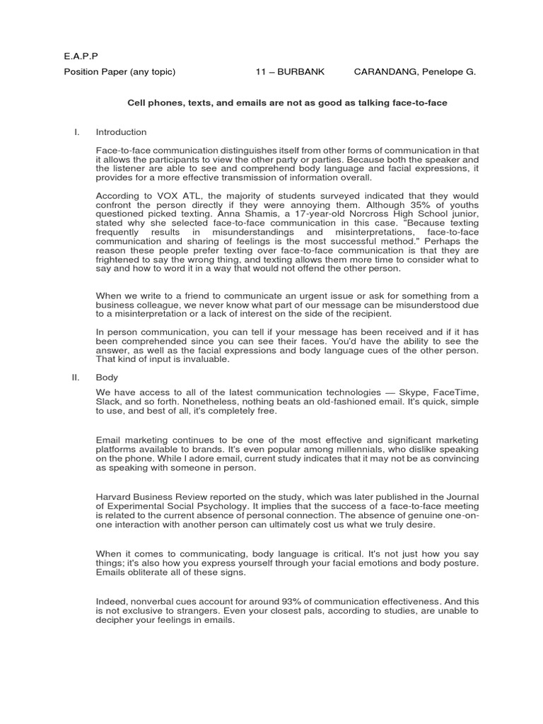 EAPP Position Paper | PDF | Communication | Nonverbal Communication