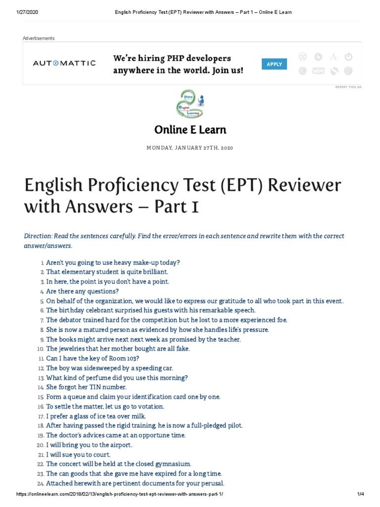 English Proficiency Test Ept Reviewer With Answers Part 1 Online e ...