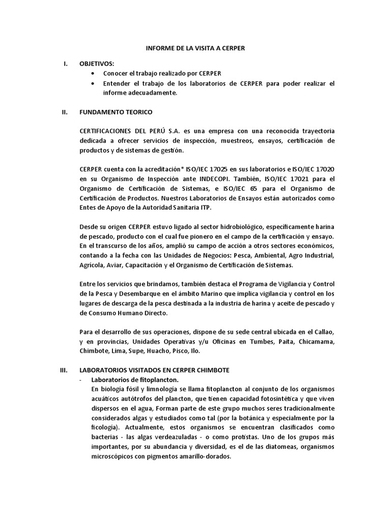 Visita a CERPER: Laboratorios y Certificaciones | PDF | Algas | Organismos