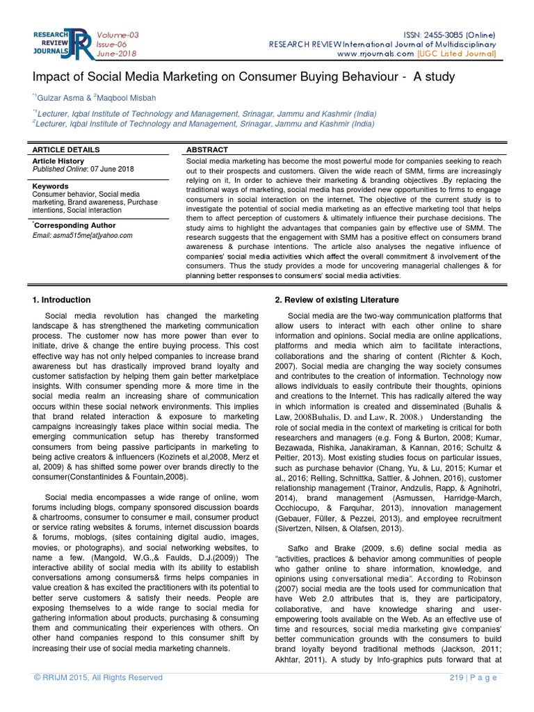 Impact of Social Media Marketing On Consumer Buying Behaviour - A Study ...
