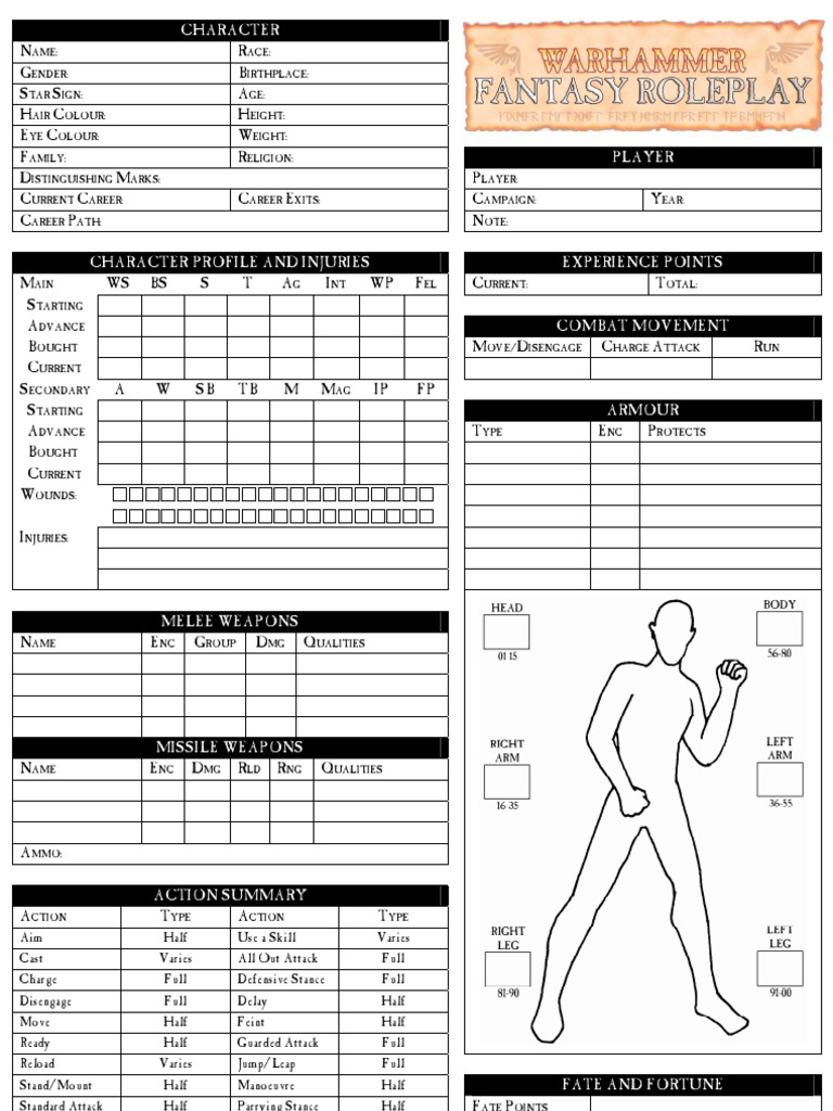 WFRP Character Sheet PDF Role Playing Games Leisure