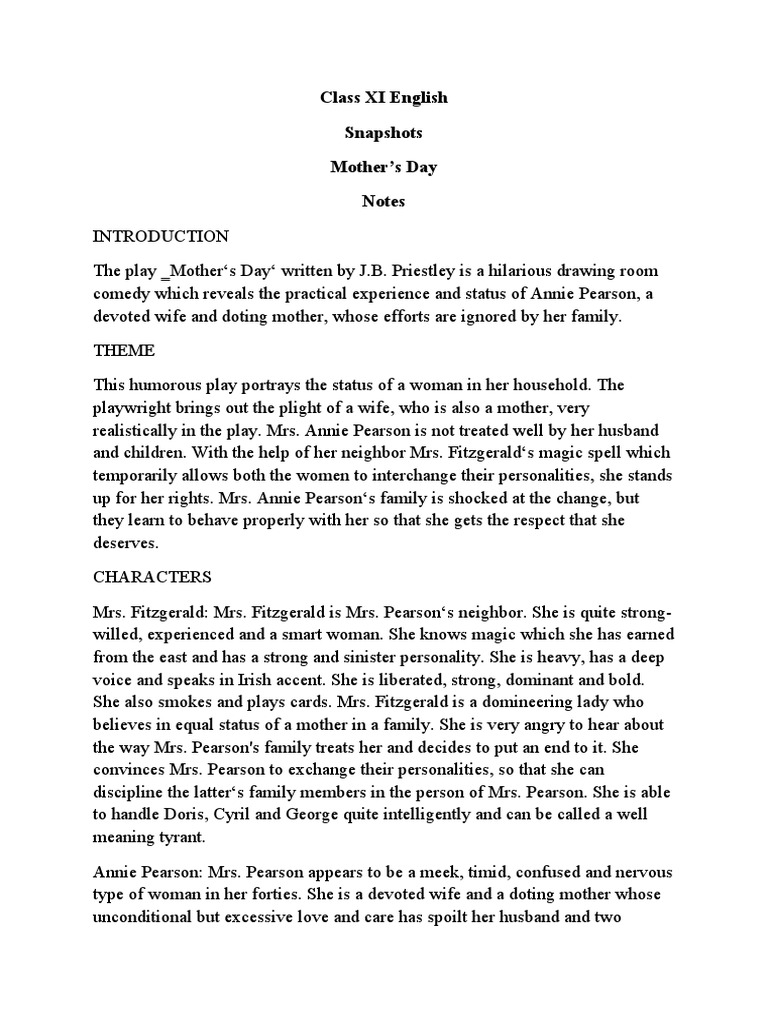 Class XI English Snapshots Mother's Day Notes | PDF