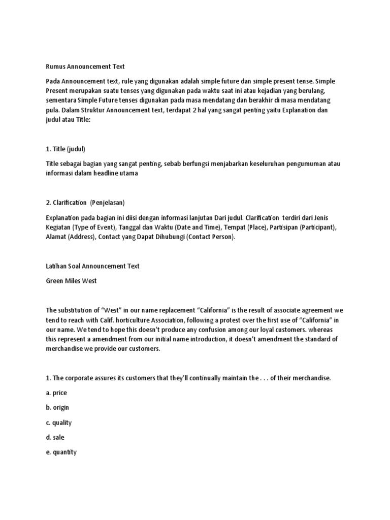 Soal PG Announcement Text | PDF | Career & Growth | Language Arts ...