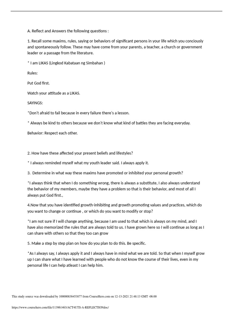 Act.4 Uts A. Reflection | PDF | Human Nature | Psychological Concepts