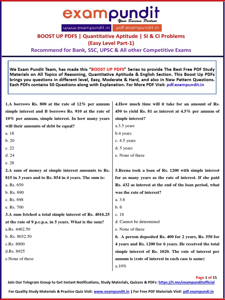 BOOST UP PDFS - Quantitative Aptitude - SI & CI Problems (Easy Level ...