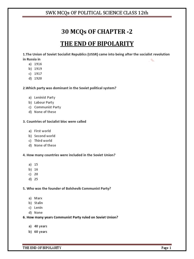30 Mcqs of Chapter - 2 The End of Bipolarity | PDF | Soviet Union ...