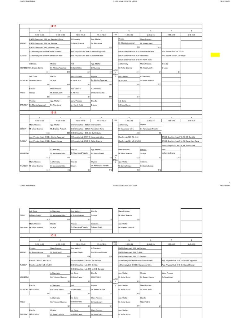 Time Table Sem-1 Pool A | PDF