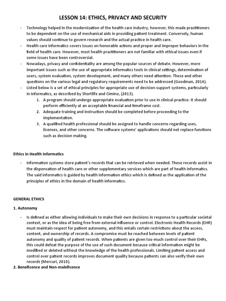 Lesson 14: Ethics, Privacy and Security: Ethics in Health Informatics ...