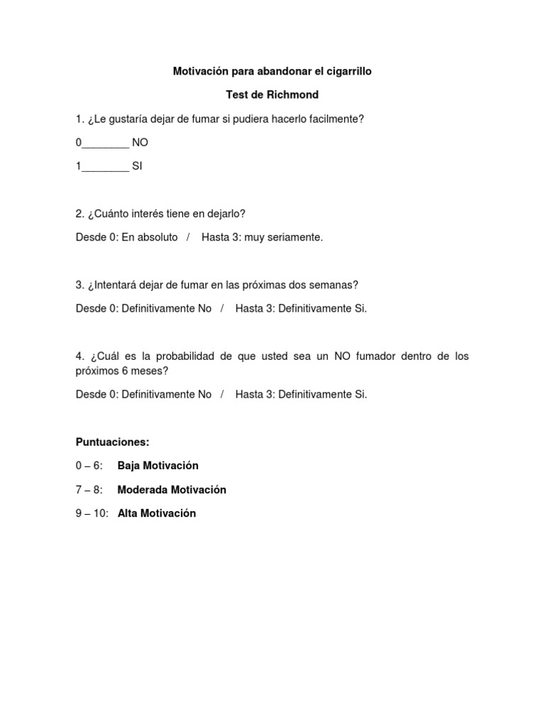 Test de Richmond para dejar de fumar | PDF | Estilo de vida