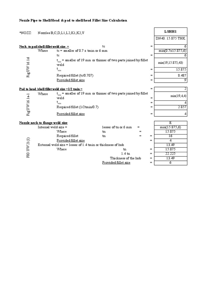 Nozzle Pipe To Shell/Head & Pad To Shell/head Fillet Size Calculation Lshh1 PDF Mechanical
