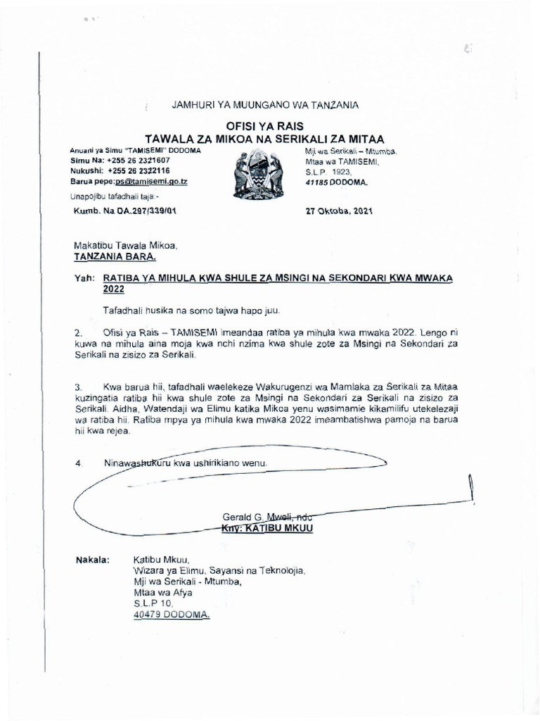 Ratiba Ya Mihula Kwa Shule Za Msingi Na Sekondari | PDF