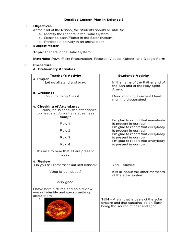 Group 3 - Detailed Lesson Plan in Science 5 - Planets in The Solar ...