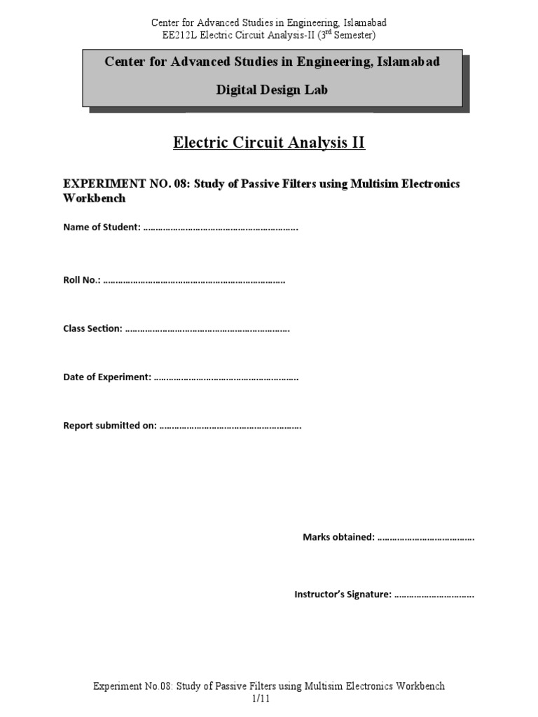 Exp 08 Study of Passive Filters Using Multisim Electronics Workbench