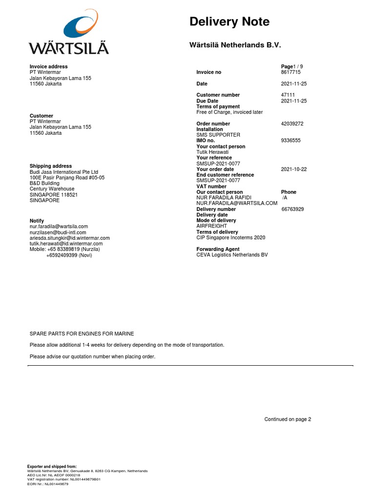 Delivery Note: Wärtsilä Netherlands B.V | PDF | Invoice | Value Added Tax