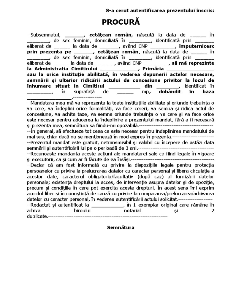 Procura Semnare Si Ridicare Act Concesiune DRAFT | PDF