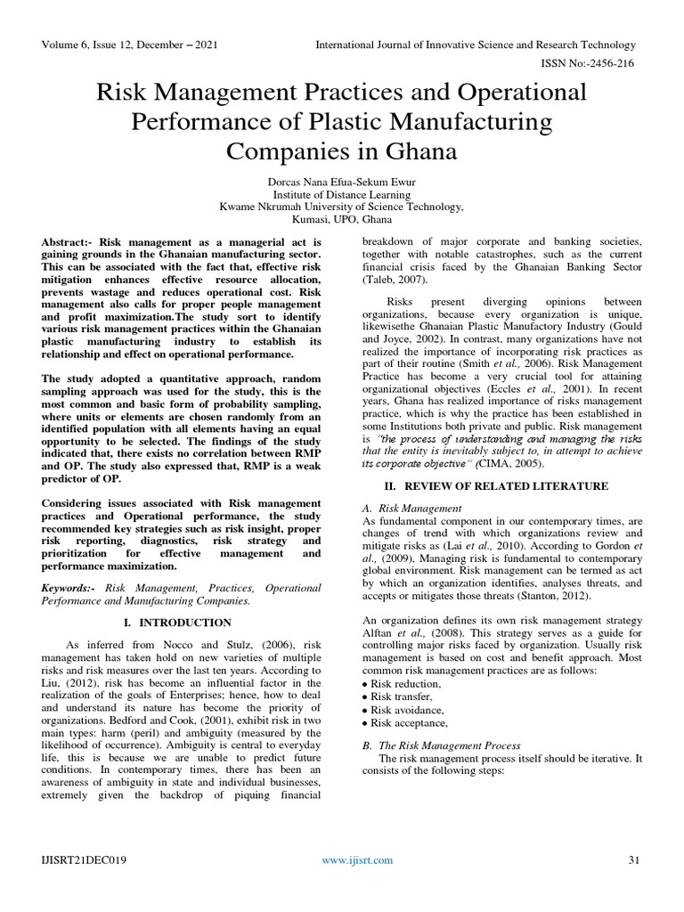 Risk Management Practices and Operational Performance of Plastic