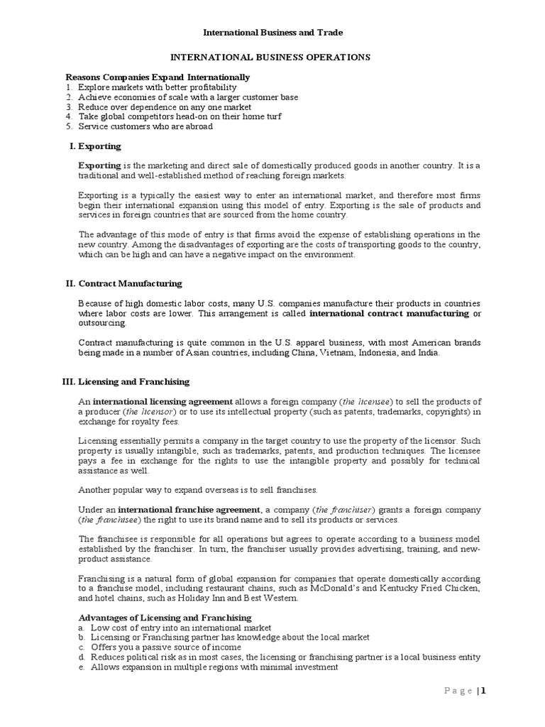 International Modes of Entry | PDF | Franchising | License