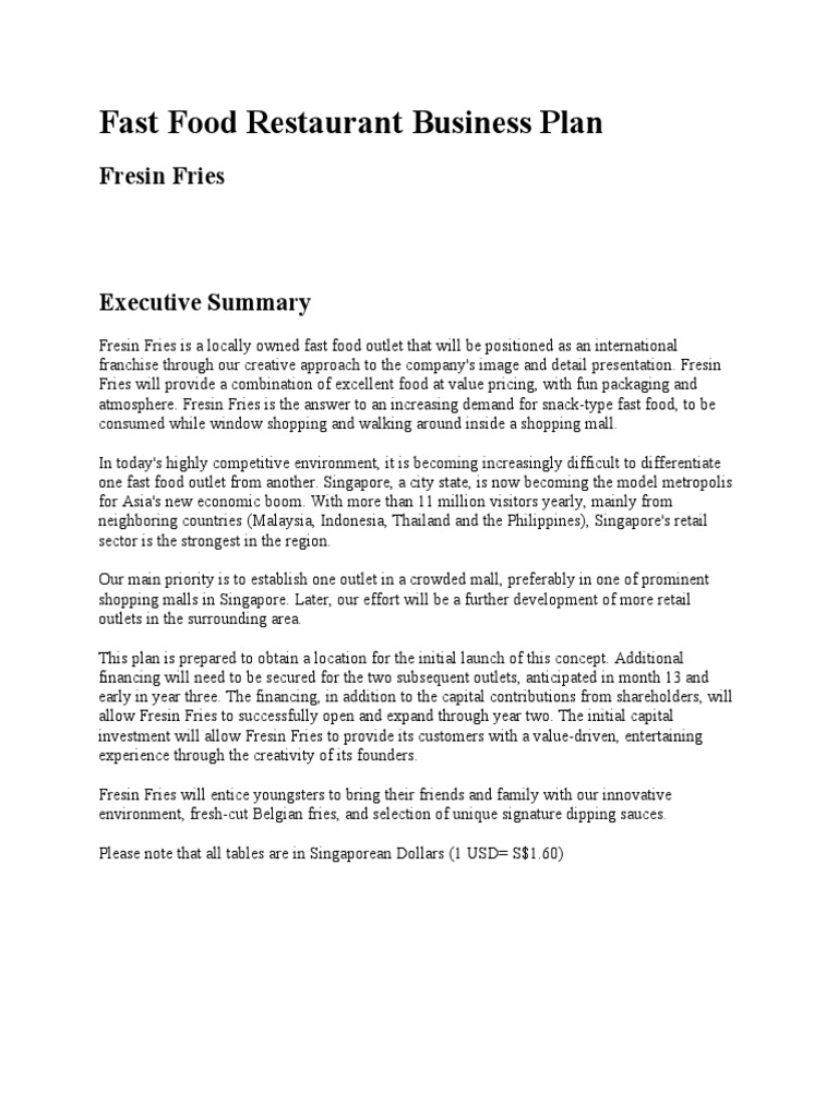 fast food business plan executive summary