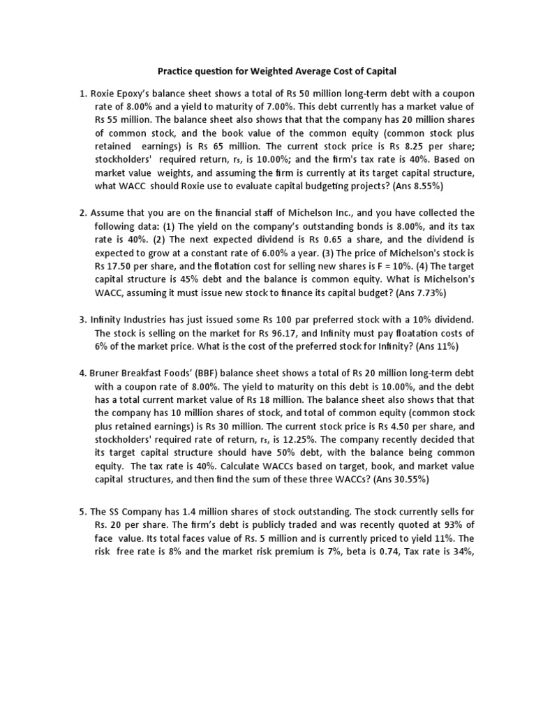 WACC Practice Questions and Solutions | PDF | Cost Of Capital | Stocks