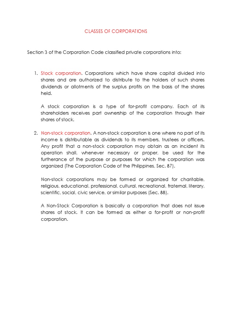 Types of Corporations Stock vs NonStock PDF