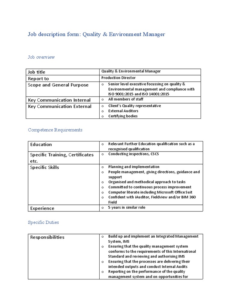Quality Manager Job Description PDF Audit Quality Assurance
