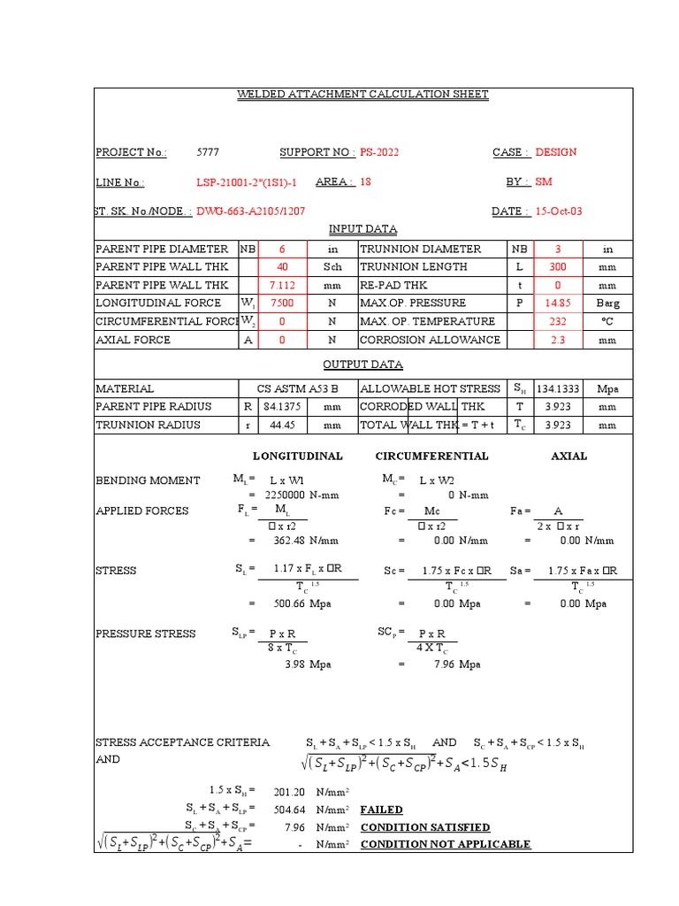 Calculation of Welded Attachment Stresses for a 6 Inch Pipe to 3 Inch